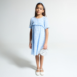 فستان أزرق بكشكشة مطبوع عليه للفتيات 